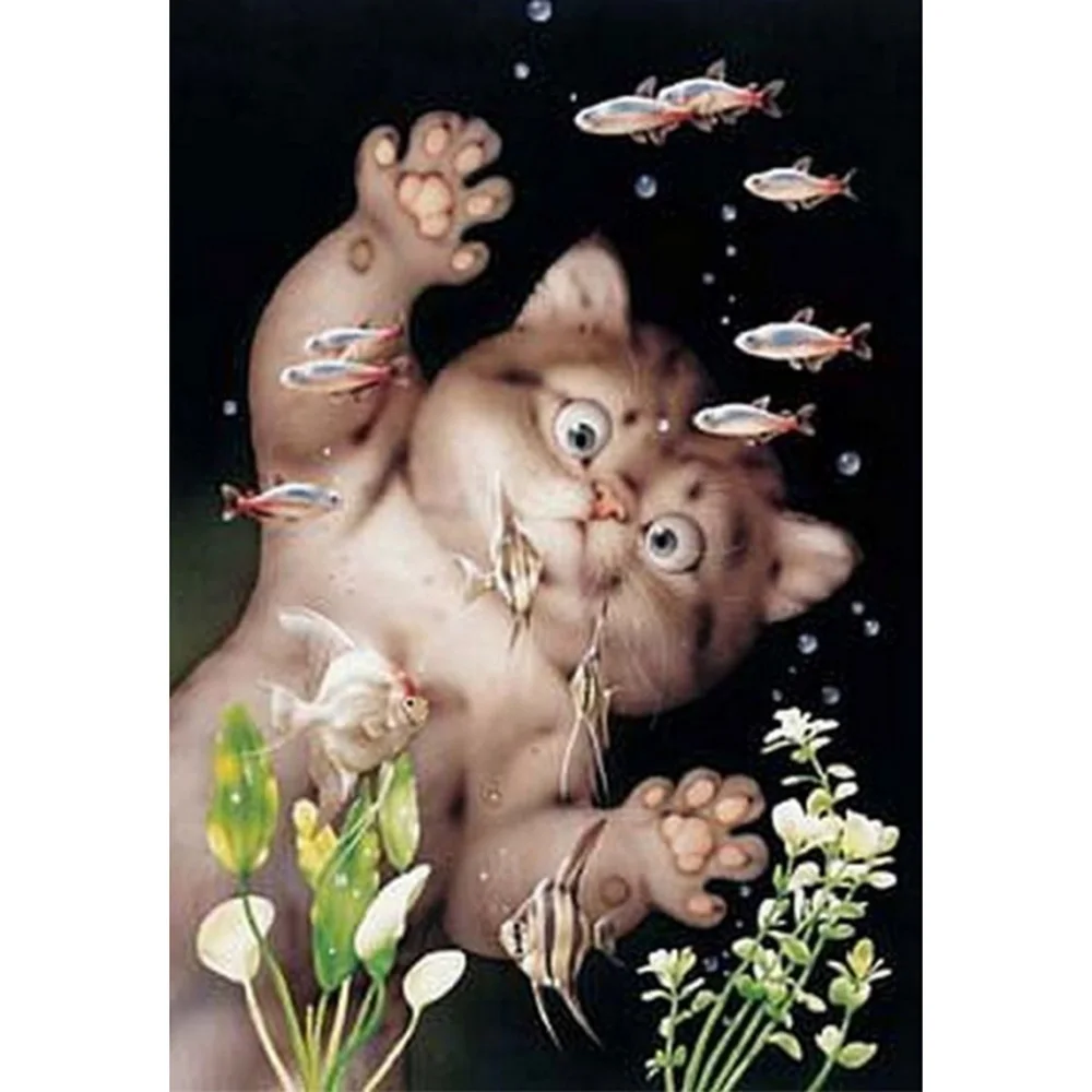 Cross Stitch Kit DIY Diamond Embroidery Cat and fish Full Square/round Painting Mosaic Home Decor | Дом и сад