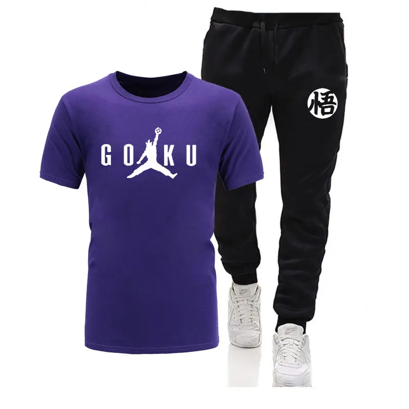 purple black Лето, Dragon Ball Z, мужские футболки+ штаны, 2 предмета,, хлопок, удобная футболка с коротким рукавом, мужские повседневные топы и штаны - Цвет: purple black