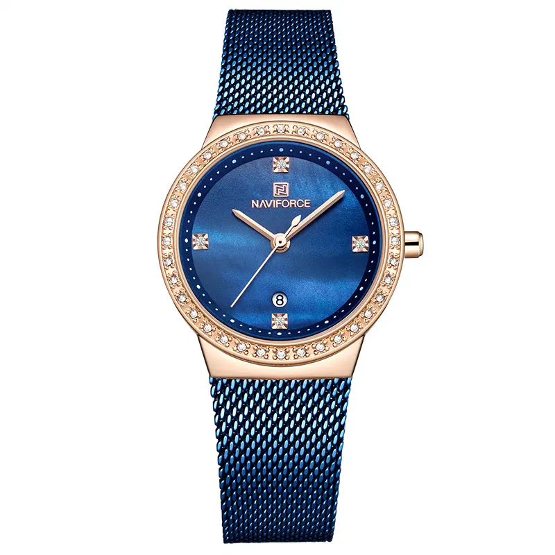 Rose Gold Blue Женские часы NAVIFORCE модные повседневные кварцевые часы женские водонепроницаемые наручные часы из нержавеющей стали женские часы Relogio Feminino - Цвет: Rose Gold Blue