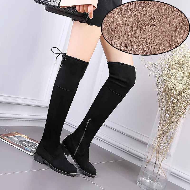 Black thick plush Odetina/пикантные Женские Сапоги выше колена из искусственной замши высокие сапоги до бедра на шнуровке на низком массивном каблуке зимняя теплая обувь, большой размер 43 - Цвет: Black thick plush