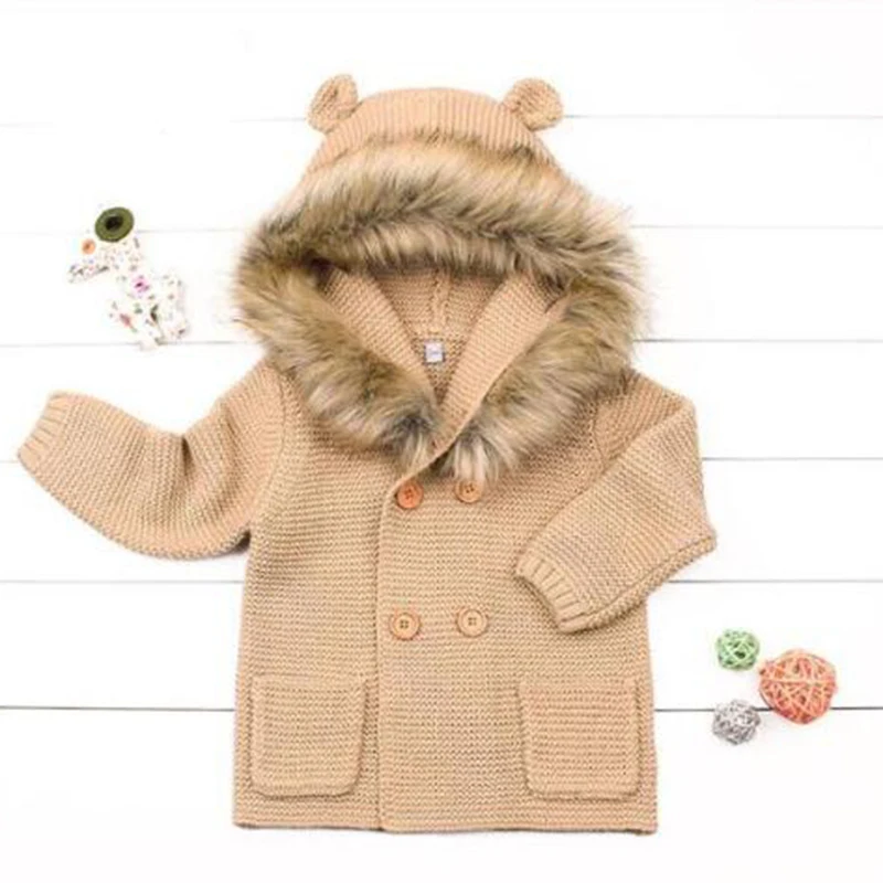 

Winter Warm Newborn Baby Sweater Fur Hood Detachable Infant Boys Girl Lovely Knitted Cardigan Fall Outwear Children Knitwear
