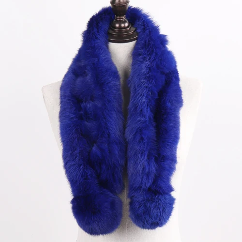 ROYAL BLUE Брендовый женский длинный шарф с помпонами из натурального кроличьего меха, зимний женский шарф из натурального кроличьего меха, пушистые шарфы из кроличьего меха - Цвет: ROYAL BLUE
