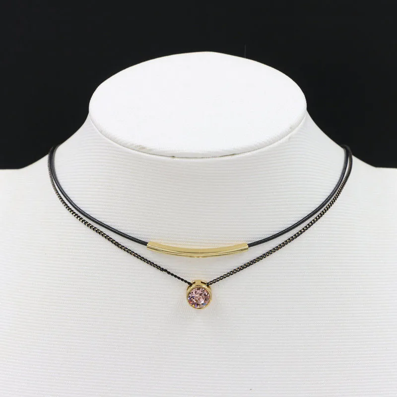 Двойной Слои кожаный цепь золотая Цвет трубки Кристалл Воротник Цепочки и