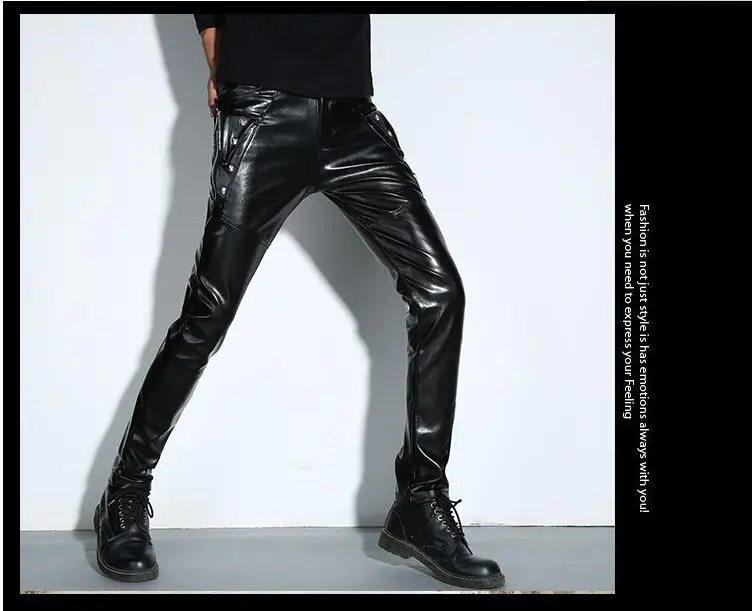 New Men Skinny Leather Pants Fashion Faux Leather Trousers For Male DJ Rock Stage Club Wear Biker Motorcycle Pants