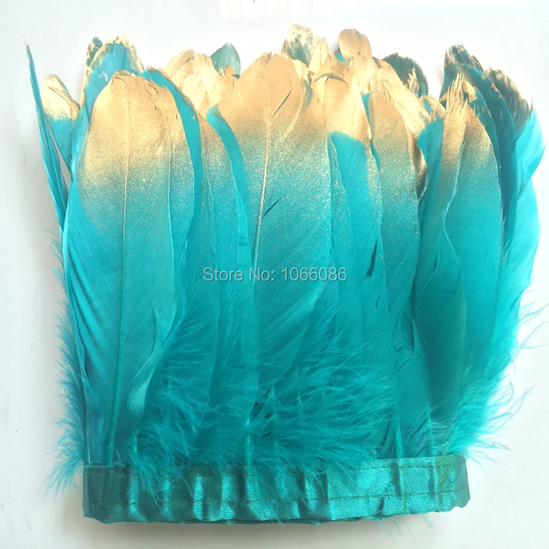 

6yard/lot gold paint spray goose feather fringes 15-20cm turquoise with gold tips goose feather trims 2y/pc