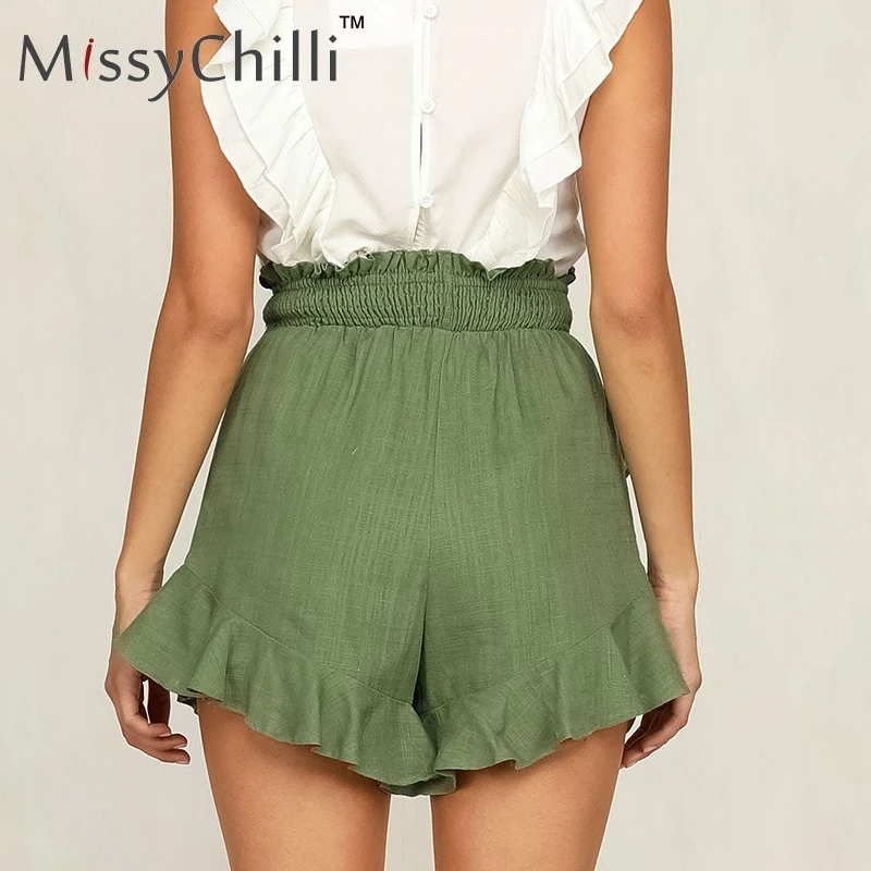 Женские свободные шорты MissyChilli зеленые повседневные уличные с оборками и высокой