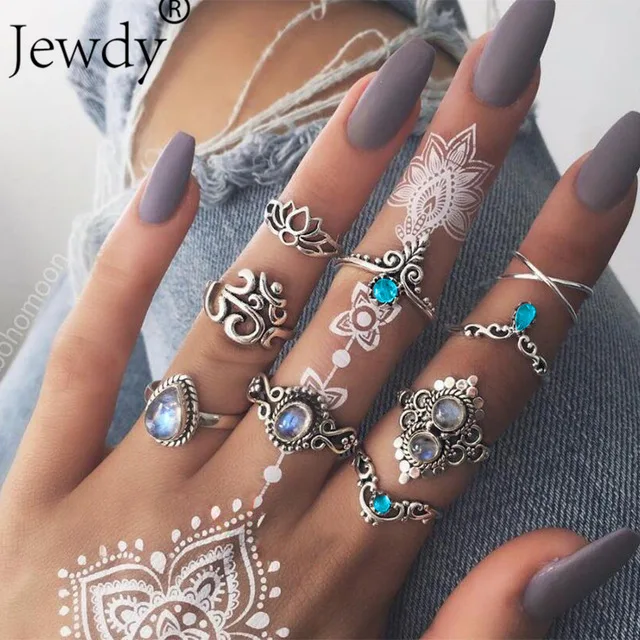 1118 50 стилей Boho Панк для женщин полые треугольные капли воды стрелка солнце драгоценный камень кристалл набор серебряных колец личность девушка ювелирные аксессуары - Цвет основного камня: 1118