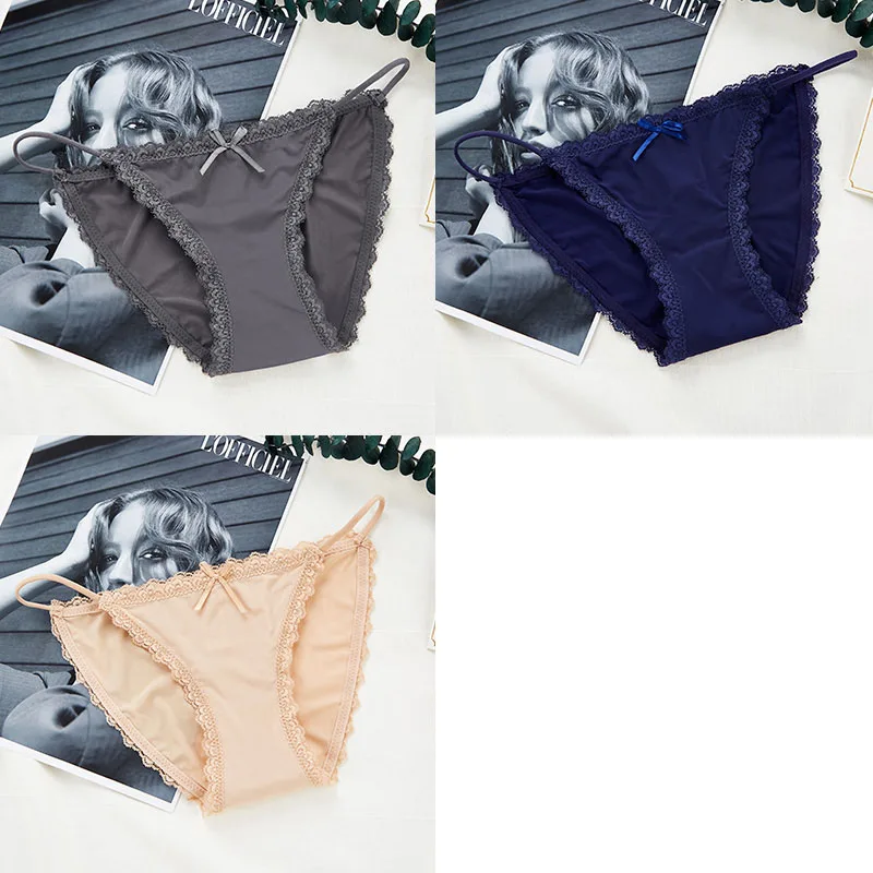 Gray Blue Apricot 3 шт., сексуальные женские трусики, кружевные, низкая посадка, одноцветные сексуальные трусы, бесшовные, Интимные стринги, трусики, хлопок, промежность, женское нижнее белье - Цвет: Gray Blue Apricot