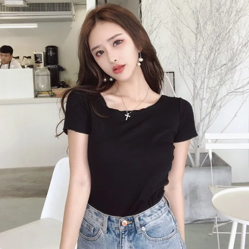 Women Slim T Shirt Sexy Back Lace Up Bow Slash Neck Short Sleeve T-shirt | Женская одежда