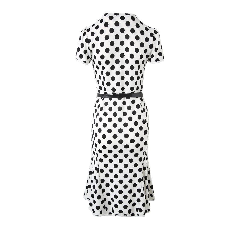 FD3561 Lady's Polka Dot Print Mermaid Tail Pencil Dress Vestidos Robe Short Puff Sleeve Slim Waist with Belt Retro Midi Dresses | Женская