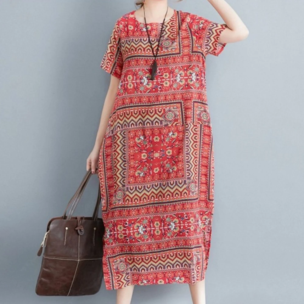 Новинка лета 2019 хлопковое и льняное платье в этническом стиле с коротким рукавом