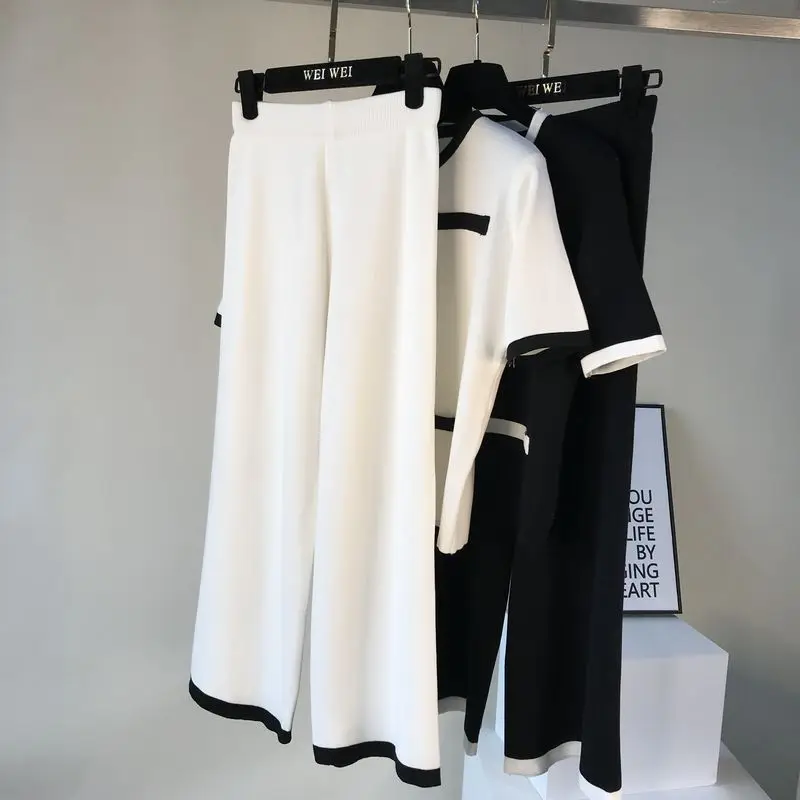 ALPHALMODA вязаный костюм с круглым вырезом и короткими рукавами+ широкие брюки, двухсекционный костюм, женские летние модные трикотажные брюки