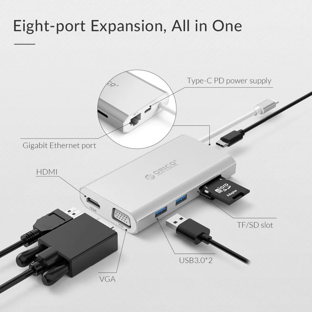 ORICO USB C 3 1 концентратор к HDMI RJ45 VGA 0 TF SD кардридер 8 в для MacBook Samsung Galaxy S9 Huawei Mate