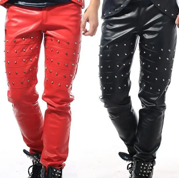 Red beige black white Singer Rivets 1 pu leather pants men 1 pants man stage trousers faux leather pants Provide custom