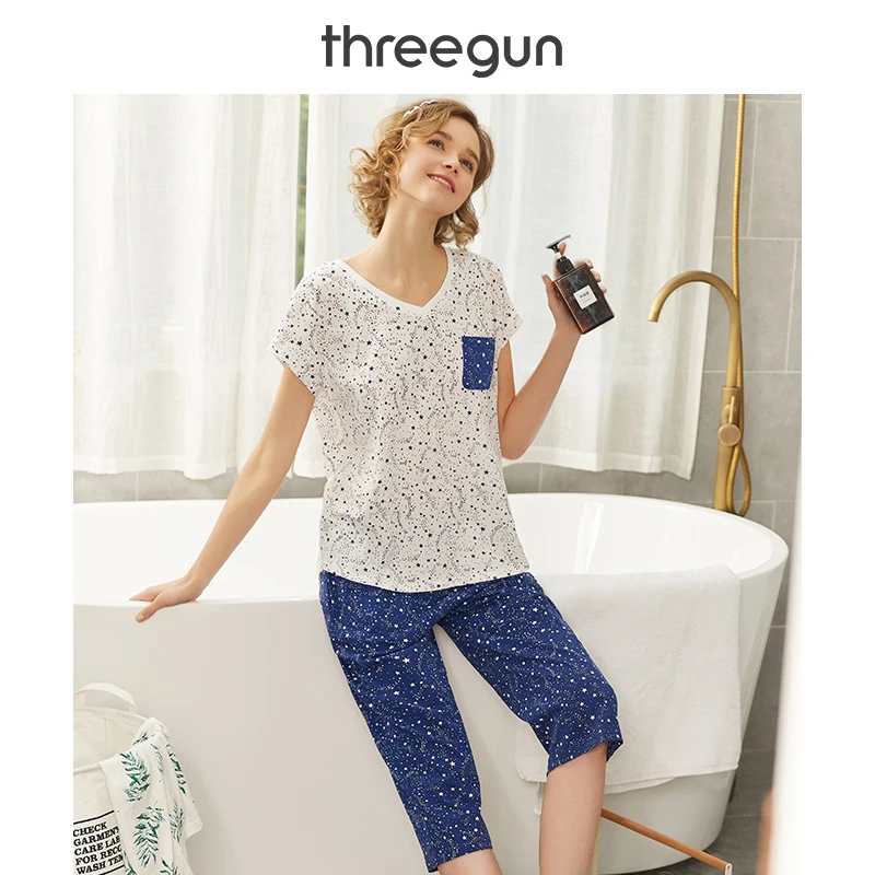 THREEGUN 2019 Новый пижамный комплект с принтом для женщин Повседневная летняя одежда
