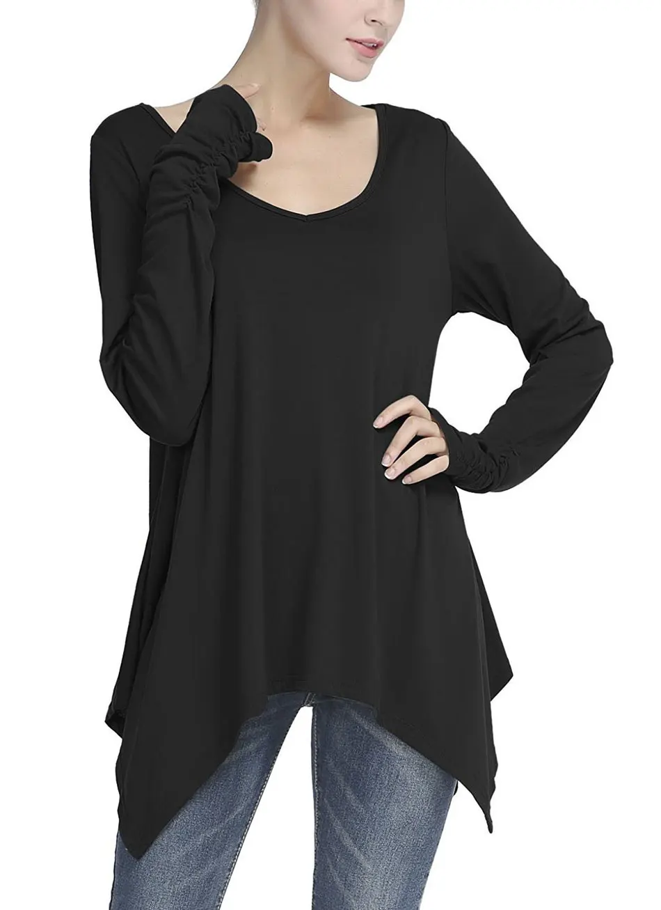 COSWE Для женщин Демисезонный свободные Повседневное черный темно серый топ с v