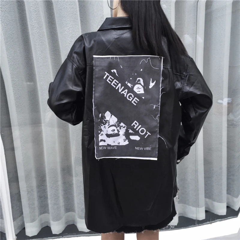 Осень, Новое поступление, Harajuku, панк-рок, аппликация, длинный рукав, искусственная кожа, куртка для женщин, круговое кольцо, на молнии, женское Свободное пальто