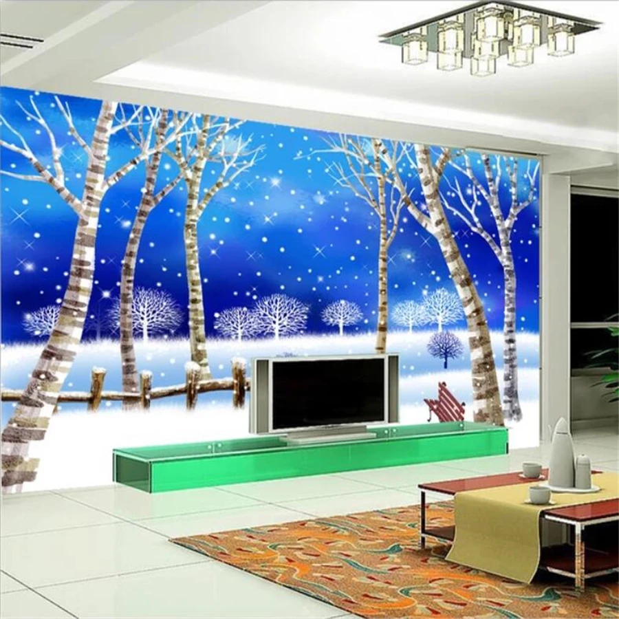 

beibehang Custom wallpaper 3d photo mural dreamy snow winter birch forest TV background wall decorative painting 3d wallpaper