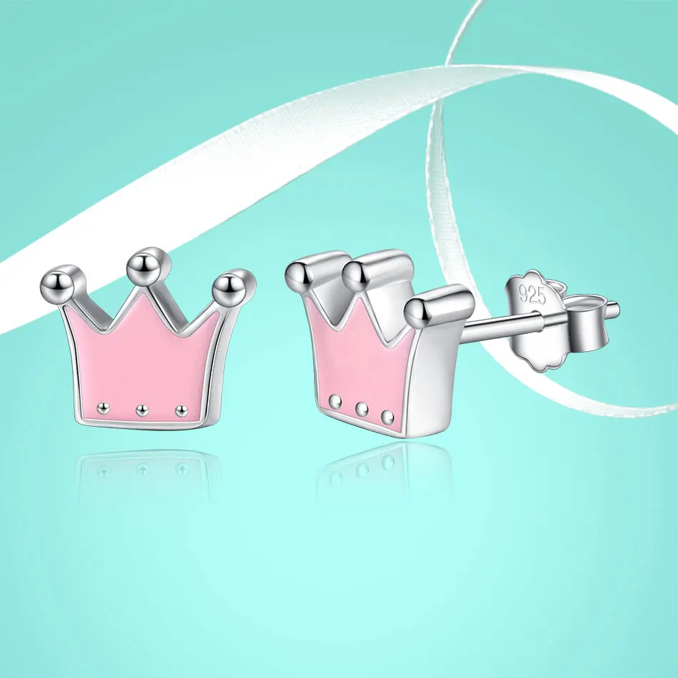 FOREWE Настоящее серебро 925 проба серьги с короной для женщин девочек Розовая эмаль милые серебряные серьги-гвоздики модные украшения
