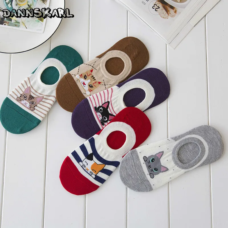 

NEW Summer Hosiery New Pattern Women Sock Slippers Cotton Cartoon Funny Sock Cute Cat head Woman Invisible Socks Meias Boat Sock