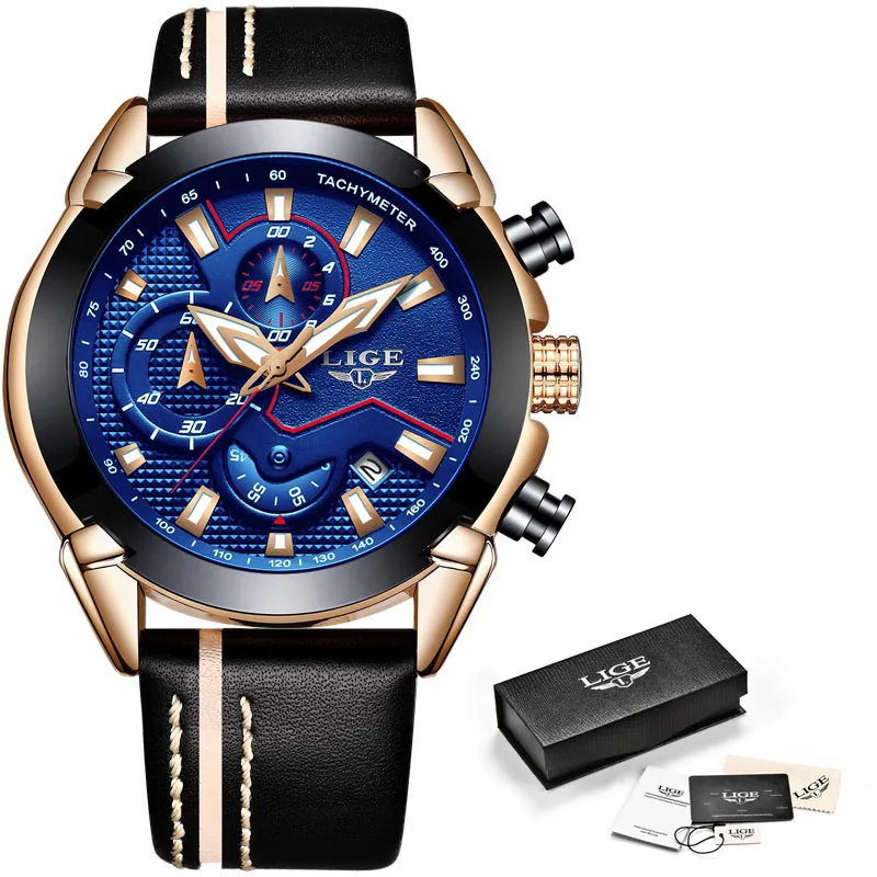 Gold blue LIGE, мужские часы, Топ бренд, Роскошные, военные, спортивные часы, мужские, Автоматическая Дата, наручные часы, водонепроницаемые, кварцевые часы, Relogio Masculino - Цвет: Gold blue