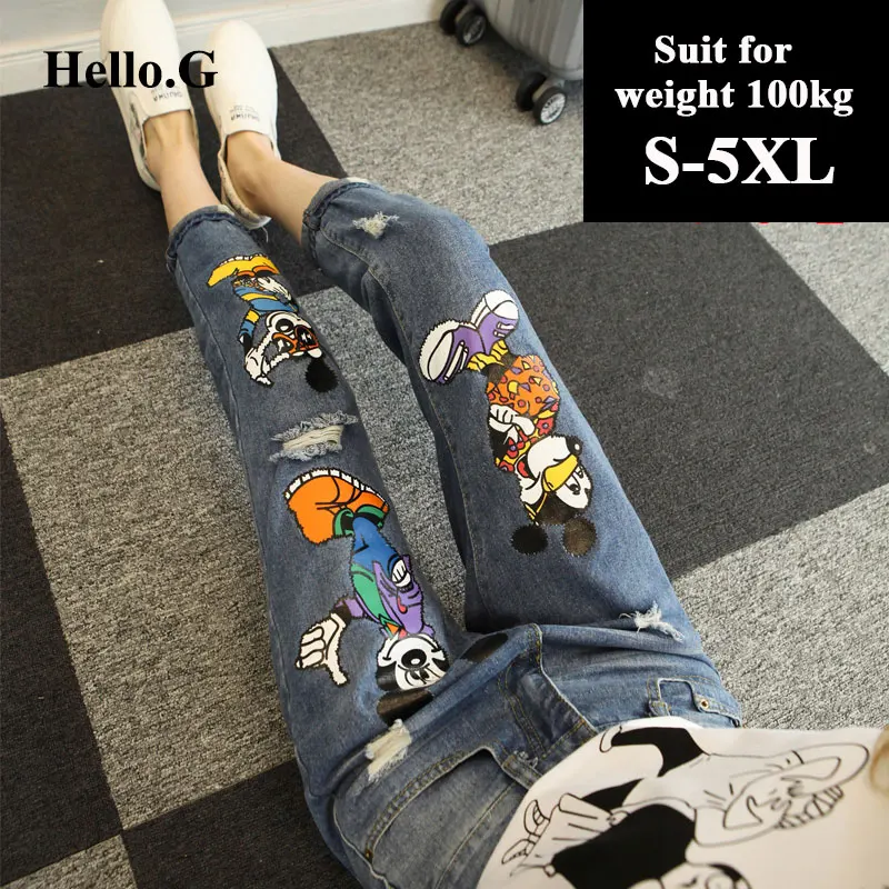 2017 рваные джинсы с мультяшным принтом для девочек Свободные повседневные