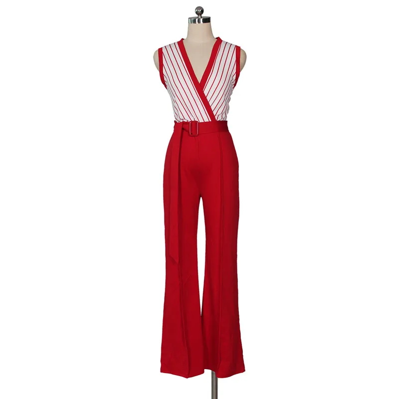 Autumn New Striped Print Sleeveless Wide leg Ladies Jumpsuit Tight-fitting Tie-up Trousers | Женская одежда