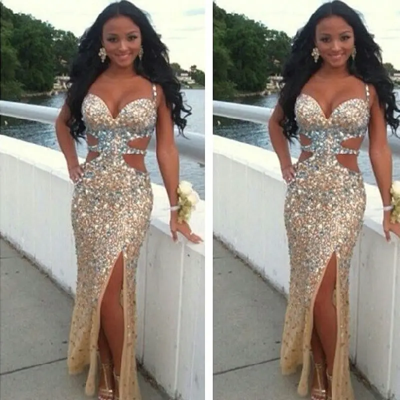 Роскошное длинное бальное платье с кристаллами на тонких бретельках Боковым