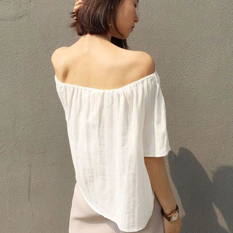 Newest Off The Shoulder Tops Vogue Summer Hot Sale Feminine Half Sleeve Slash Neck Casual Loose Blouse Shirt |