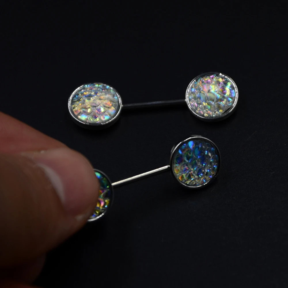 Пара 14 г Хирургическая сталь Bling Druzy скопление рыбья чешуя кольцо для сосков