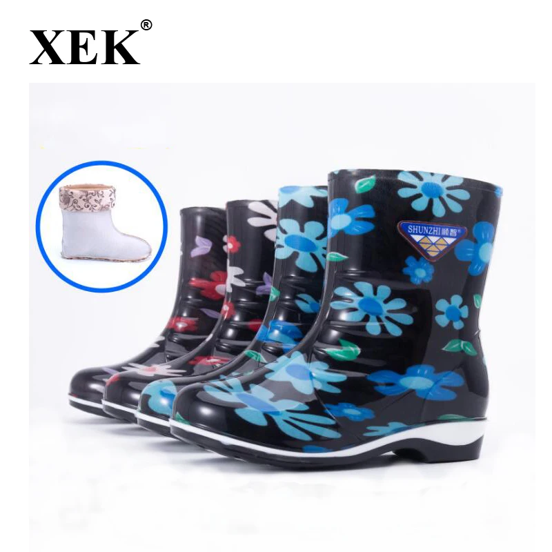 Женские резиновые сапоги XEK из ПВХ теплые до середины икры Нескользящие для дождя