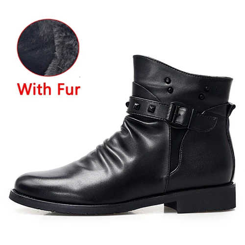 Black With Fur JUNJARM/; зимние мужские ботинки в винтажном стиле; мужские Ботильоны; повседневные Модные мужские зимние ботинки; теплые ботинки из мягкой кожи на шнуровке - Цвет: Black With Fur