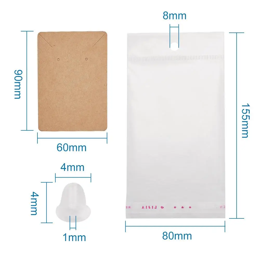 

100set Jewelry Earring Display Card with Ear Nuts OPP Cellophan Plastic Pouches Hang Earrings Packing Cards Gift Kit 90x60x0.1mm
