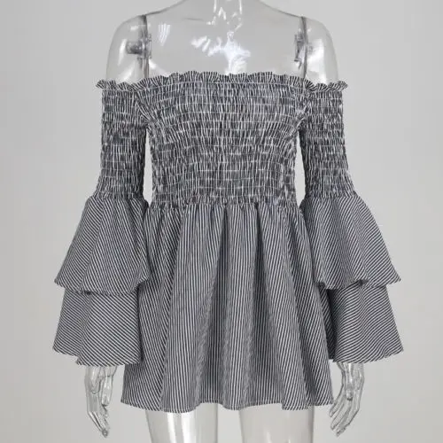 2017 горячие новые женщин с открытыми плечами Striped Ruffled сарафан вечерние летние