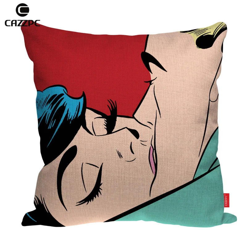 Красный желтый синий поцелуй комикс любовь рисунок в стиле поп арт льняной