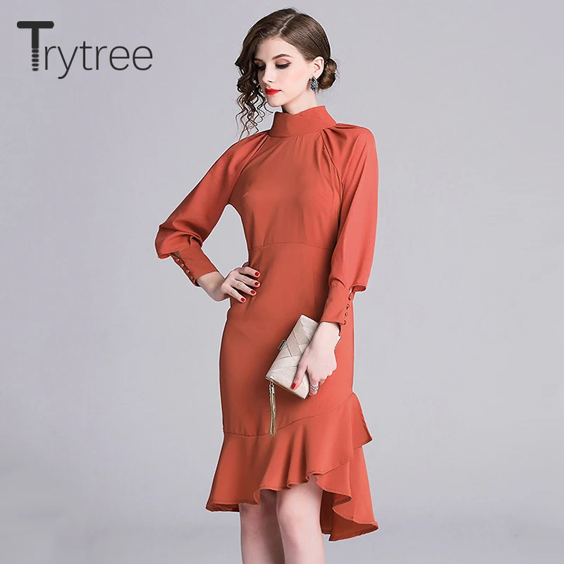 Trytree осеннее платье Элегантное полиэфирное одноцветное Оранжевое Женское