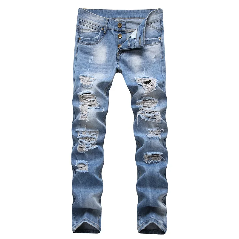 2020 Ripped Men Jeans Hip-hop INK Biker Skinny Punk Light Blue Brand Motorcycle Slim Fit Denim Pants Holes Men's | Мужская одежда