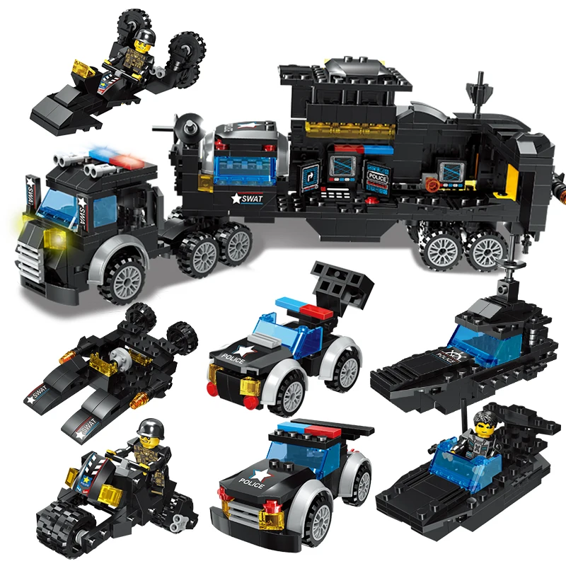

622Pcs SWAT City Police Building Block Transport Helicopter Truck Christmas Toys for Children 8 in 1 SWAT