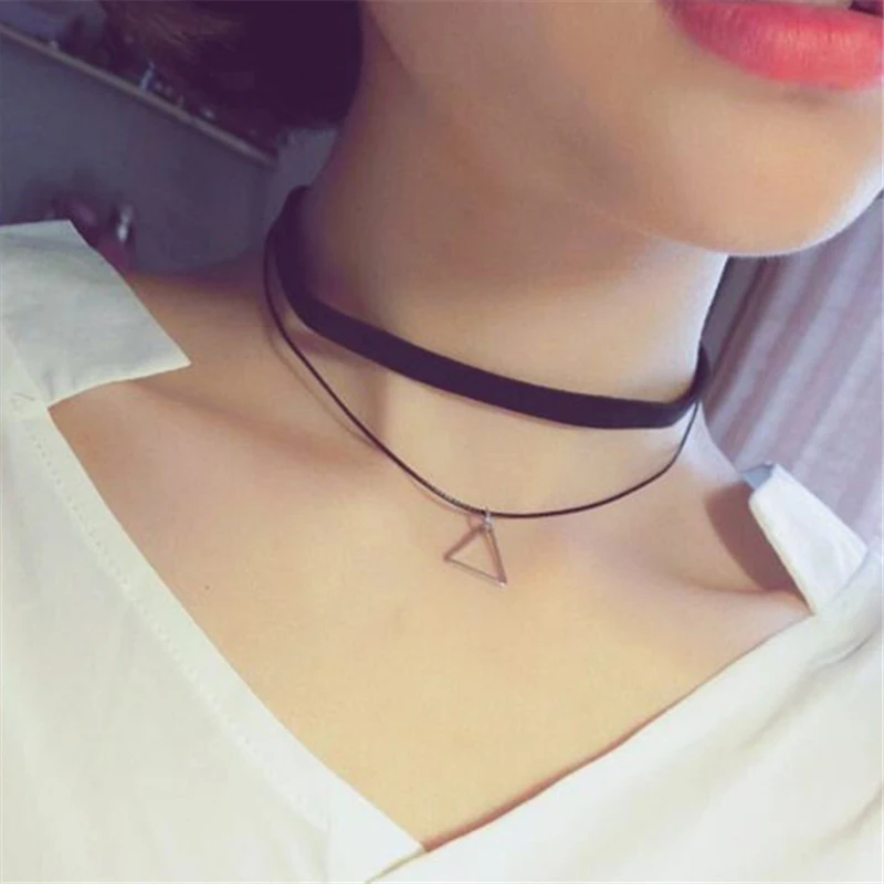 2018 горячий черный бархатный кожаный двойной слой Bijoux Треугольник Подвеска в виде