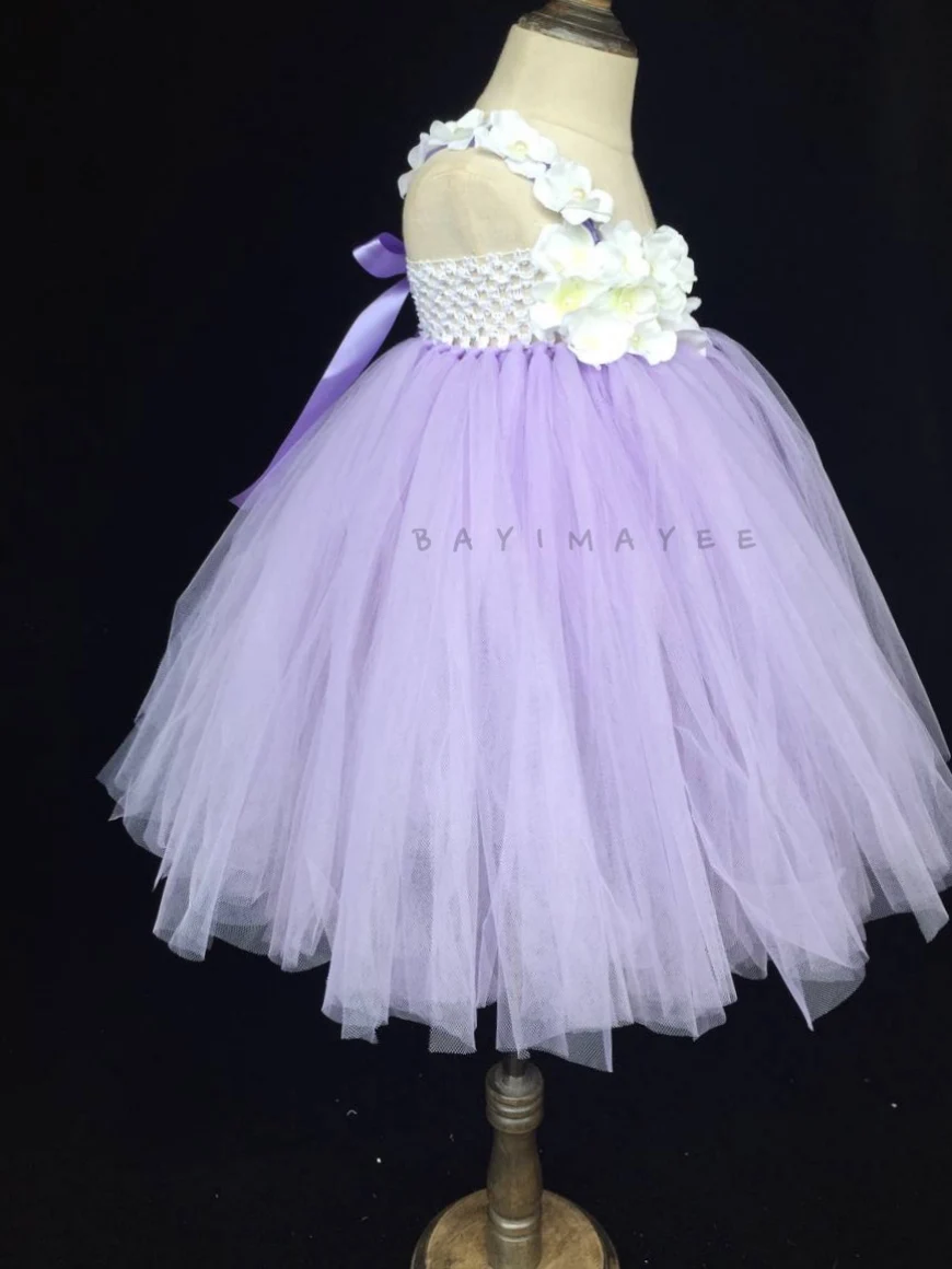 Girls Lavender Tulle Tutu Dress Kids Single Shoulder Ball Gown with White Flowers Children Wedding Party Costume Dresses |