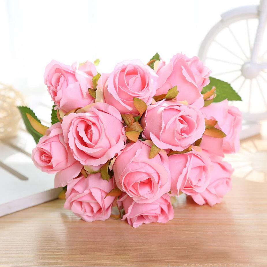 12pcs pink 1 букет искусственных роз, декоративные шелковые цветы, свадебные букеты для свадьбы, вечерние украшения для дома, свадебные принадлежности 1 - Цвет: 12pcs pink