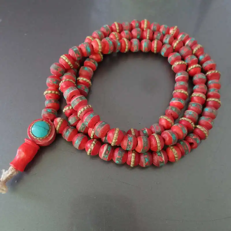 Red 108beads BRO619 тибетская 108 яка кость Молитва Мала инкрустация кости Металл шелк красочный камень много цветов - Цвет: Red 108beads