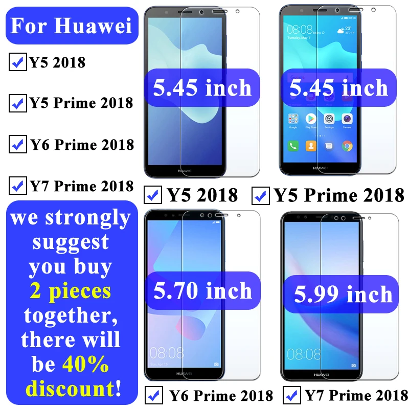 Закаленное стекло для Huawei Y6 Prime 2018 Y7 Защитная пленка экрана Y5 защитный чехол Huawey 6y