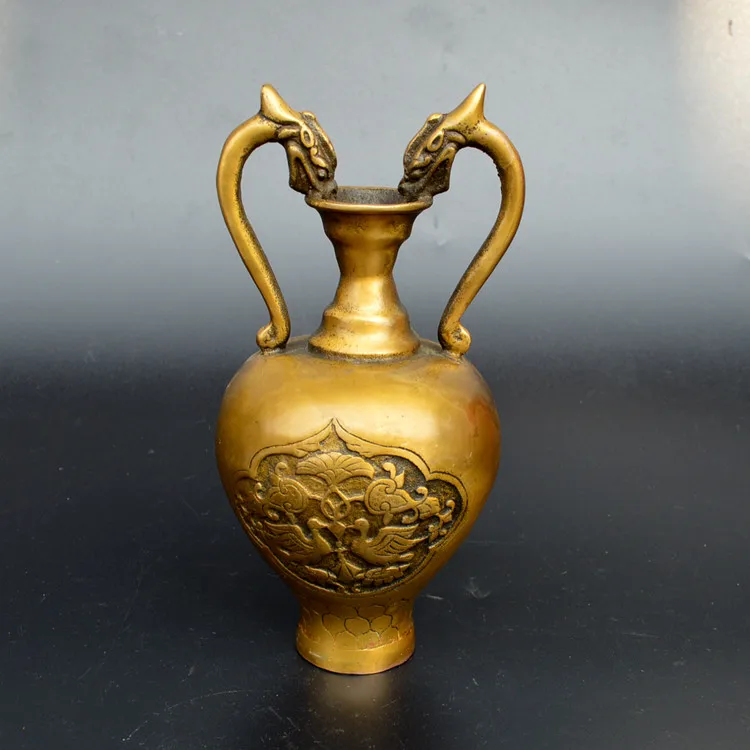 

Pure copper double dragon vase, antique collection, decorative arts and crafts