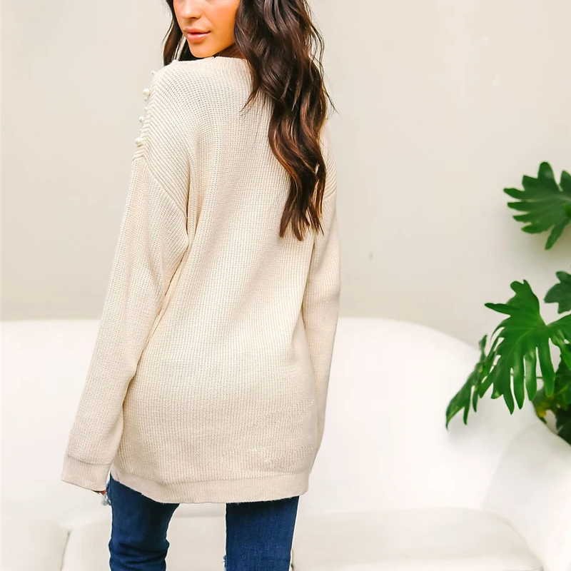 Autumn and Winter 2018 Women Tops Halter Pearl Sweaters Pullovers Elegant Cozy Knit Sweater Casual Loose Warm Jumpers Femme | Женская