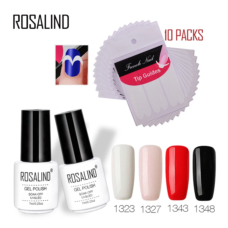 ROSALIND 1 комплект 7 мл* 4 Гель-лак для ногтей и основа верхнее покрытие+ 10 шт. Французский DIY улыбка наклейка для ногтей инструменты для маникюра УФ-гель для ногтей