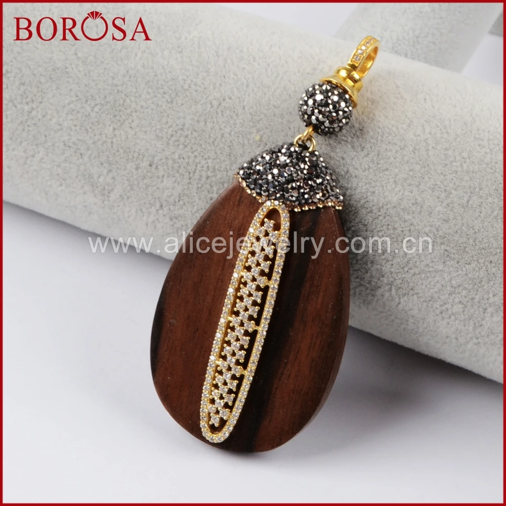 BOROSA Crystal Rhinestone Pave Pure Silver Color Sander Wood Drop Pendant Drusy Bead Fashion Jewelry JAB768 | Украшения и