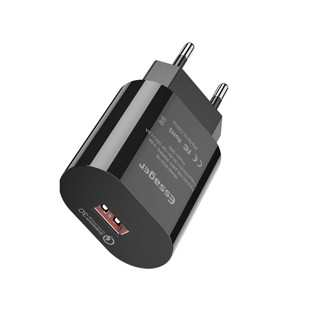 EU Plug Black Essager 18 Вт USB зарядное устройство Quick Charge 3,0 Turbe зарядное устройство QC3.0 для samsung Xiaomi Mi Быстрая зарядка для iPhone зарядное устройство для мобильного телефона - Тип штекера: EU Plug Black