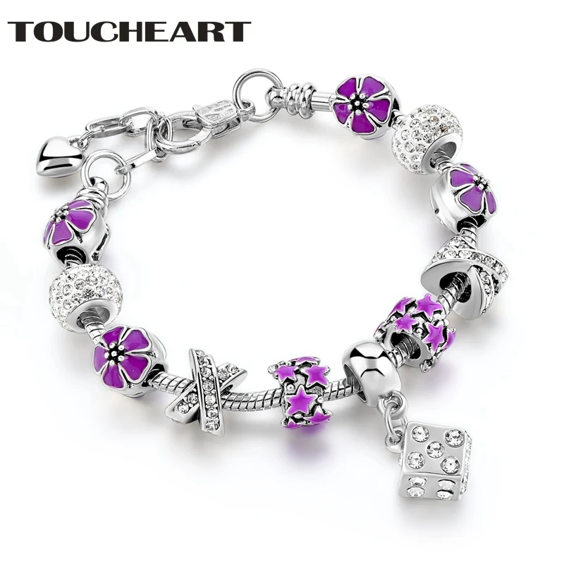 

TOUCHEART New Design Fashion Purple Flower Charm Bracelets Beads DIY Bracelets With Vintage Cube Dice Bracelet Pendant SBR170062