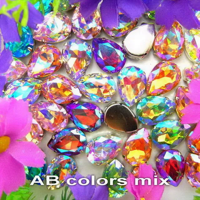 A16 AB colors mix AB цвета серебряный коготь настройки отверстия 7 размеров капли воды стеклянный кристалл в форме слезы пришить стразы бусины одежды diy - Цвет: A16 AB colors mix